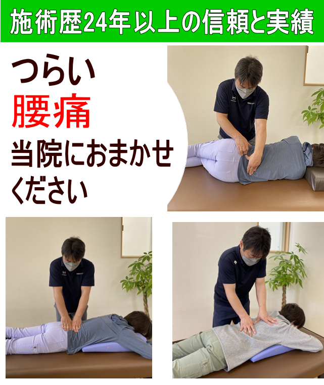 施術歴24年以上の信頼と実績、つらい腰痛は当院にお任せください
